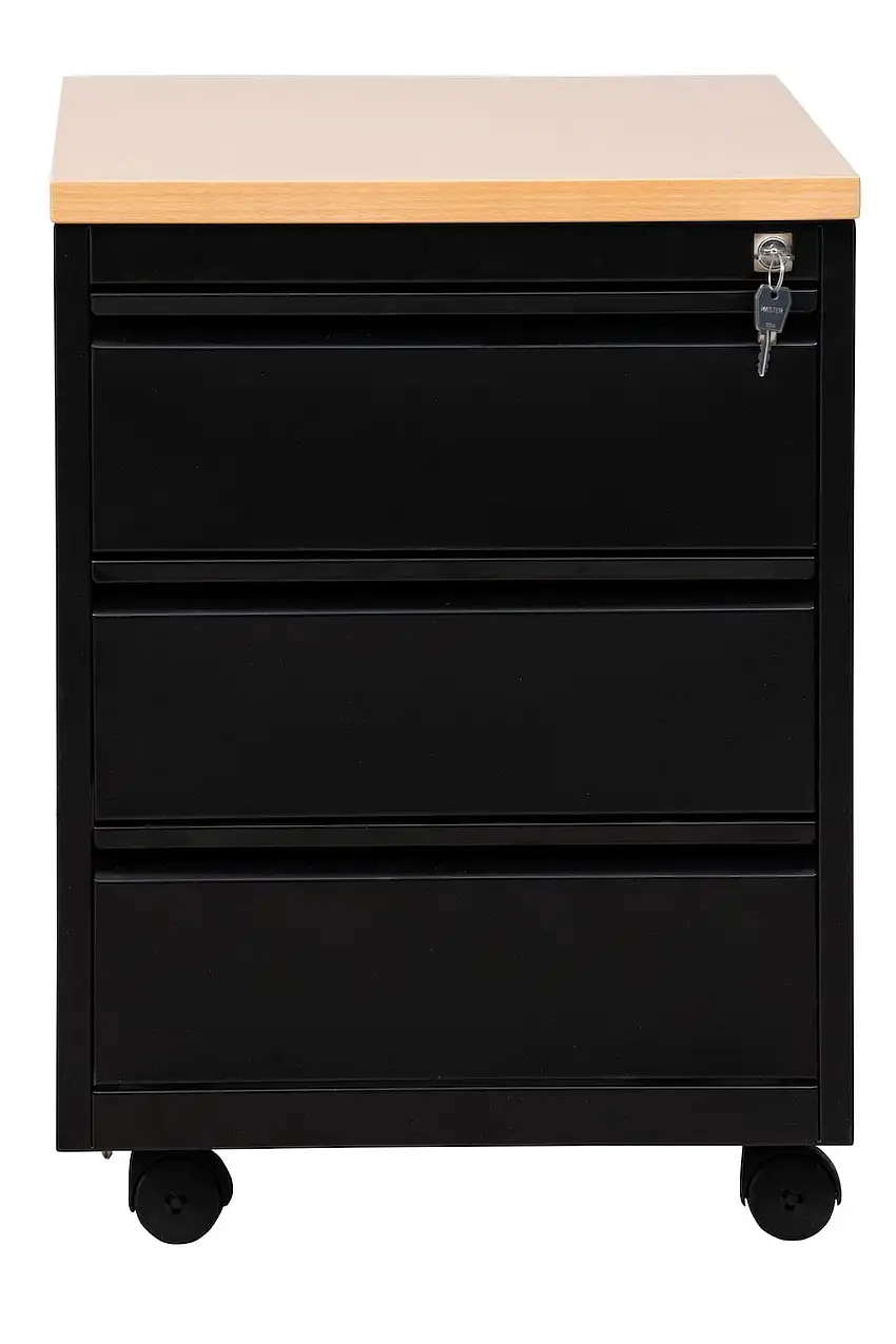 Rollcontainer Fox | 3 Schubladen | Schwanenhalsgriff | HxBxT 62x46x79 cm | Holzabdeckplatte | Schwarz