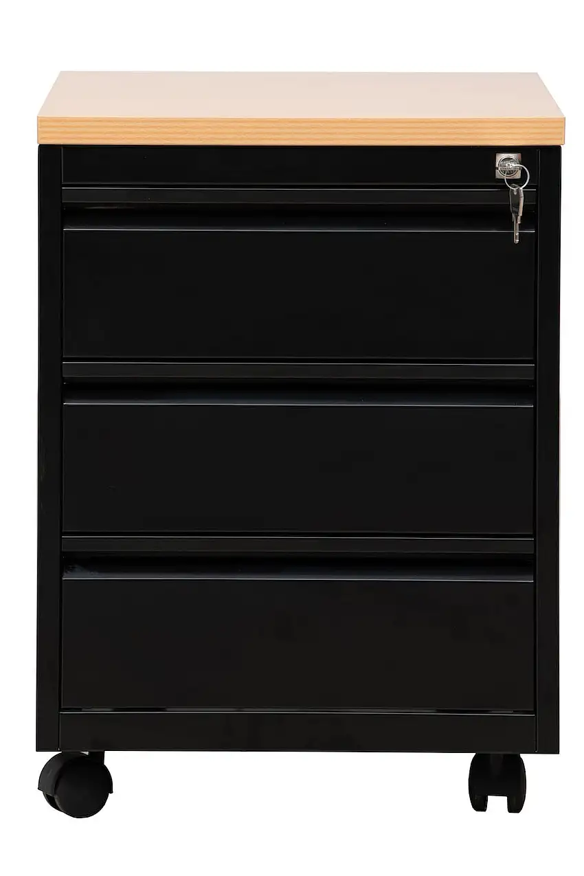 Rollcontainer Fox | 3 Schubladen | Schwanenhalsgriff | HxBxT 62x46x60 cm | Holzabdeckplatte | Schwarz