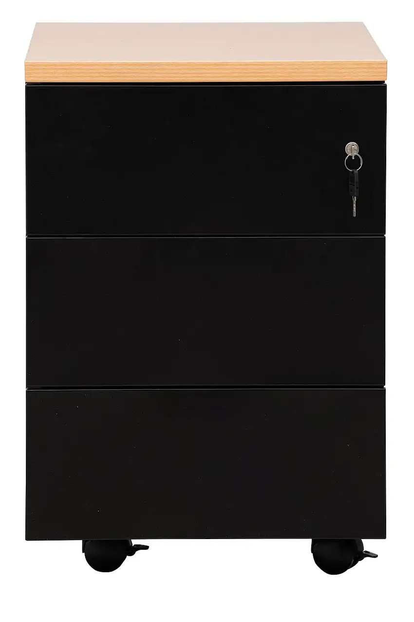 Rollcontainer Fox | 3 Schubladen | Seitengriff + Materialfach | HxBxT 62x46x60 cm | Holzabdeckplatte | Schwarz