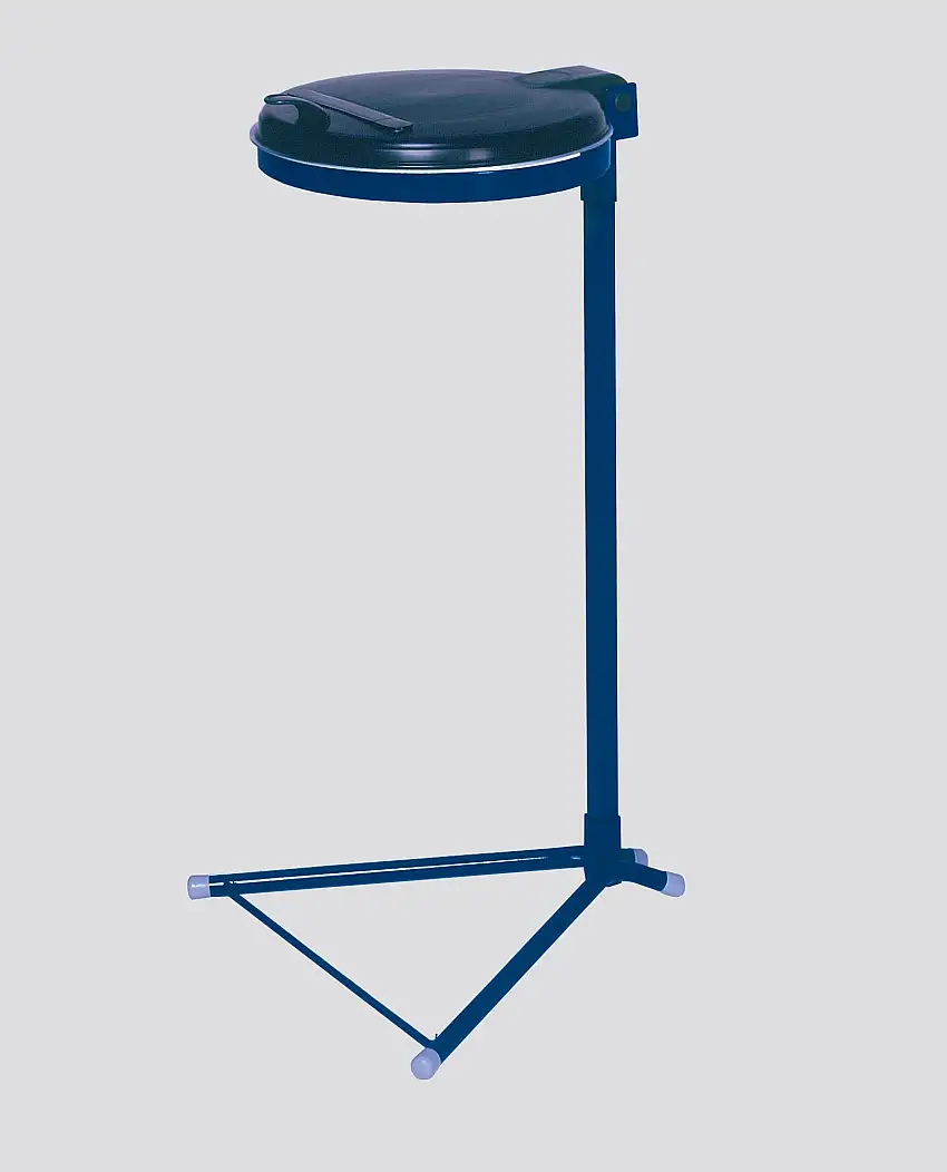 Robuster Einzel-Abfallsammler mit Kunststoff-Deckel | mit Standfuß | 35cm Einwurföffnung | HxBxT 98x50x48cm | Stahl | Blau-Schwarz