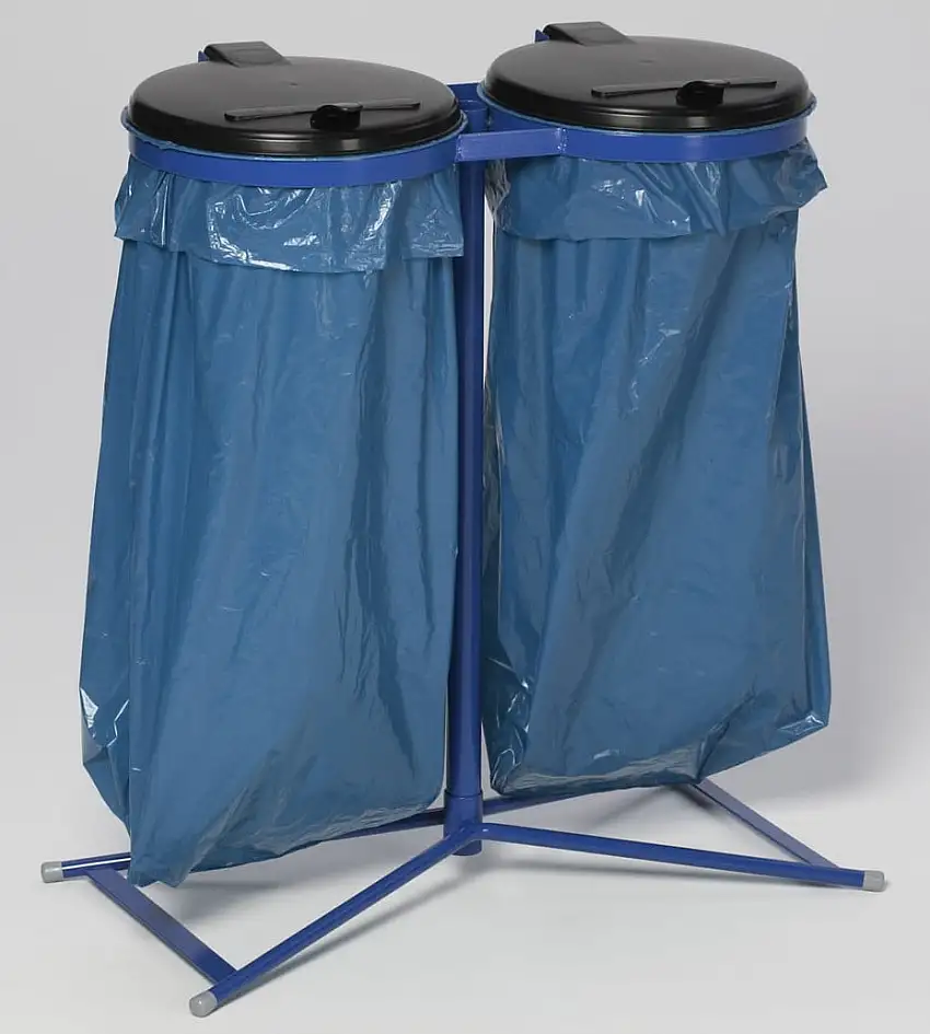 Robuster Doppel-Abfallsammler mit Kunststoff-Deckel | Stationär | 2x 120 Liter, HxBxT 98x85x48cm | Stahl | Blau-Schwarz