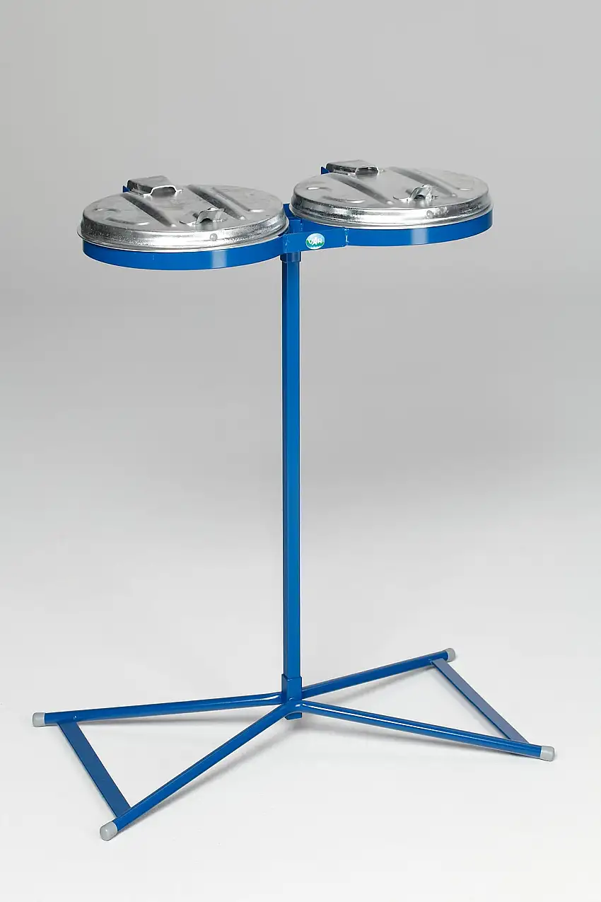 Robuster Doppel-Abfallsammler mit Metall-Deckel | Stationär | 2x 120 Liter, HxBxT 98x85x48cm | Stahl | Blau-Verzinkt