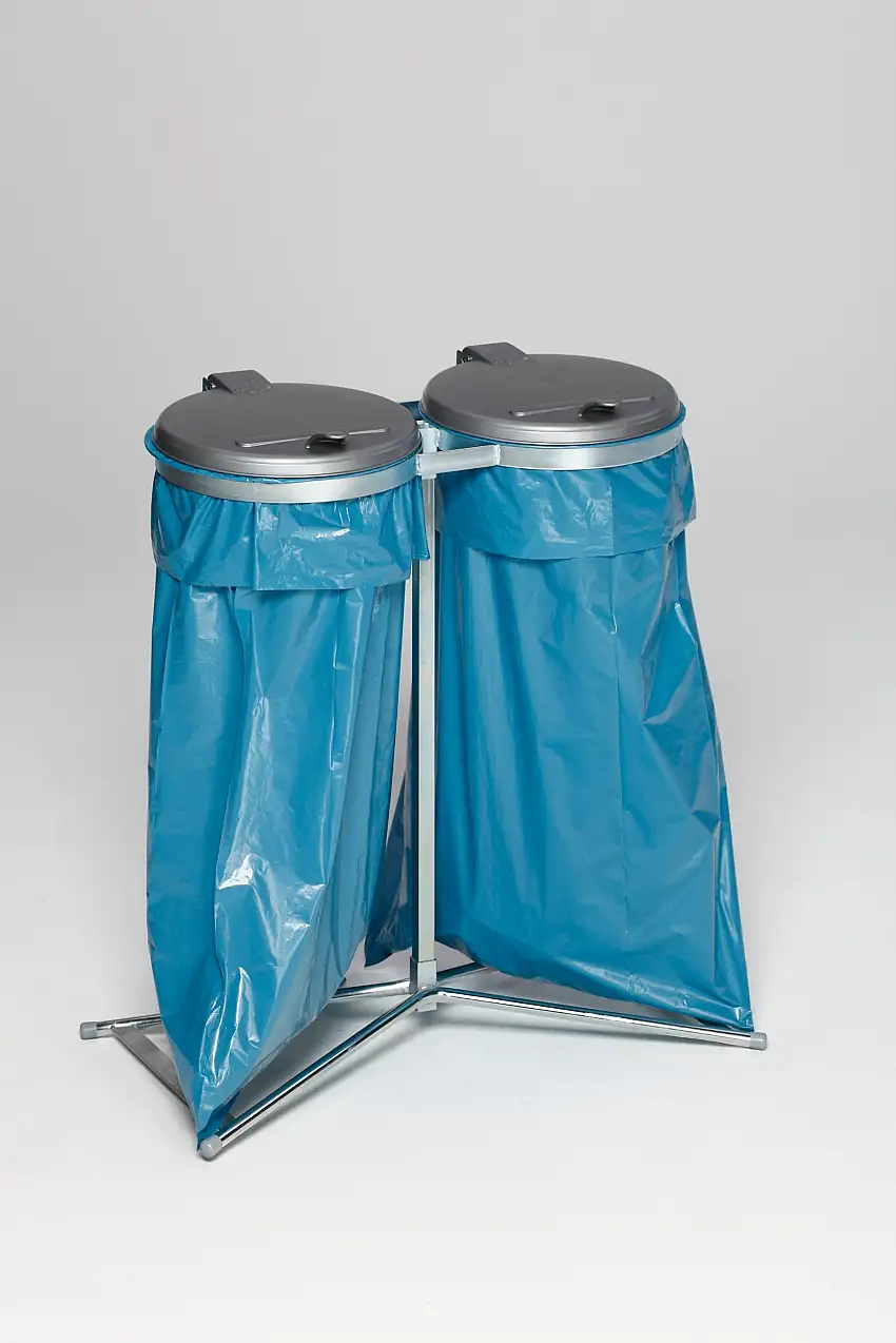 Robuster Doppel-Abfallsammler mit Kunststoff-Deckel | Stationär | 2x 120 Liter, HxBxT 98x85x48cm | Stahl | Verzinkt-Silber