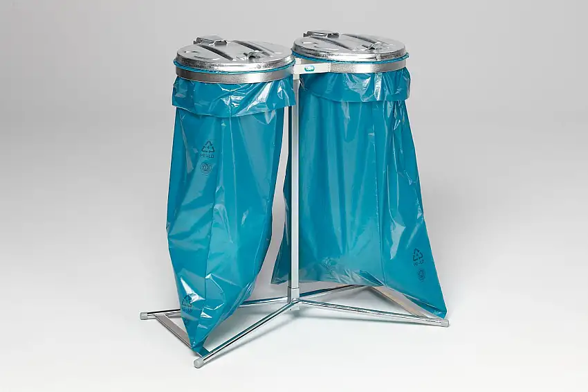 Robuster Doppel-Abfallsammler mit Metall-Deckel | Stationär | 2x 120 Liter, HxBxT 98x85x48cm | Stahl | Verzinkt-Verzinkt