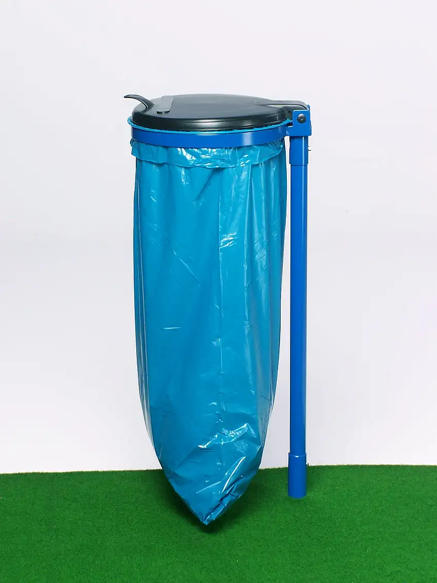 Robuster Einzel-Abfallsammler mit Kunststoff-Deckel | mit Stange | 35cm Einwurföffnung | HxBxT 98x50x45cm | Stahl | Blau-Schwarz