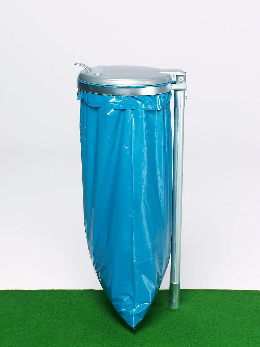 Robuster Einzel-Abfallsammler mit Kunststoff-Deckel | mit Stange | 35cm Einwurföffnung | HxBxT 98x50x45cm | Stahl | Verzinkt-Silber