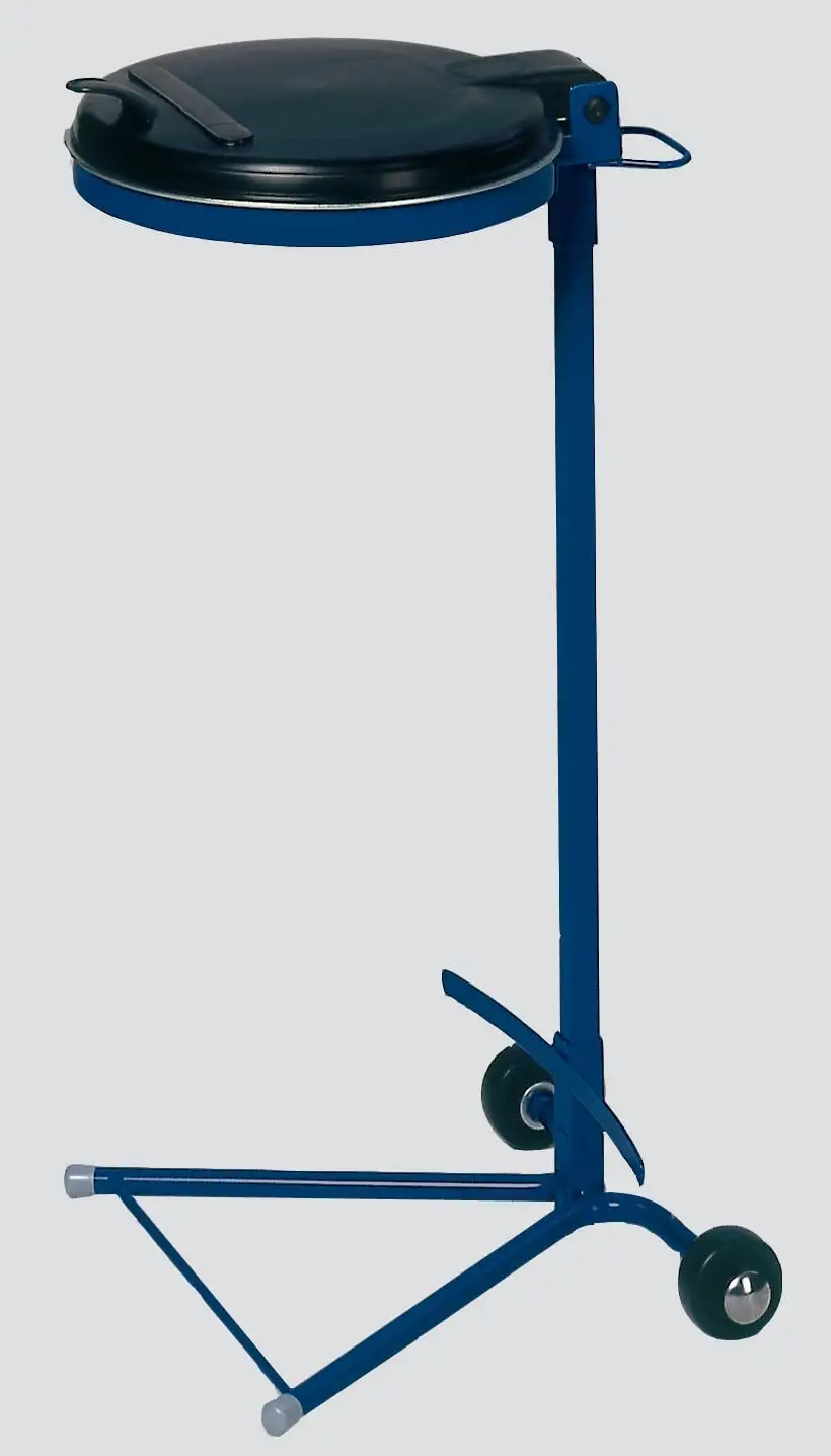 Robuster Einzel-Abfallsammler mit Kunststoff-Deckel | mit Standfuß + 2 Rollen | 35cm Einwurföffnung | HxBxT 98x45x37,5cm | Stahl | Blau-Schwarz
