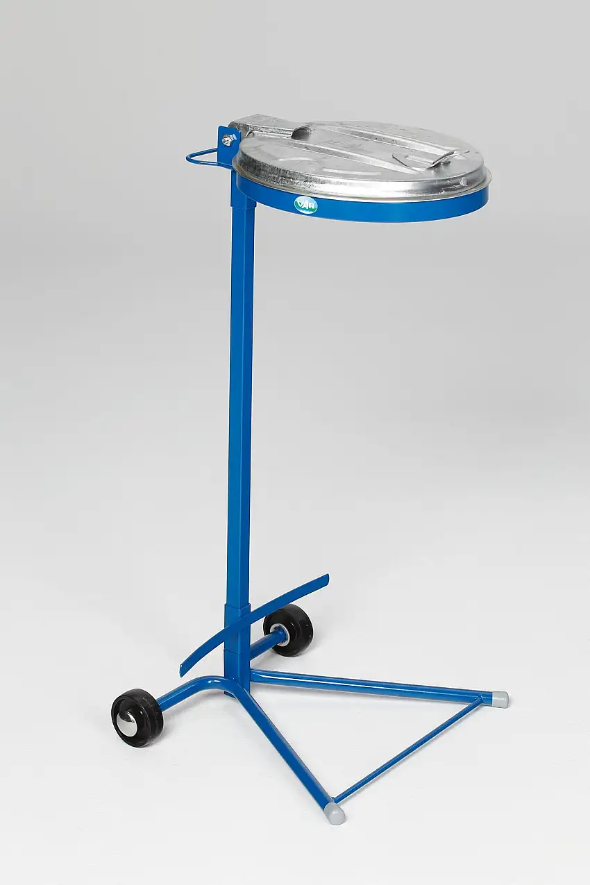 Robuster Einzel-Abfallsammler mit Metall-Deckel | mit Standfuß + 2 Rollen | 35cm Einwurföffnung | HxBxT 98x45x37,5cm | Stahl | Blau-Verzinkt