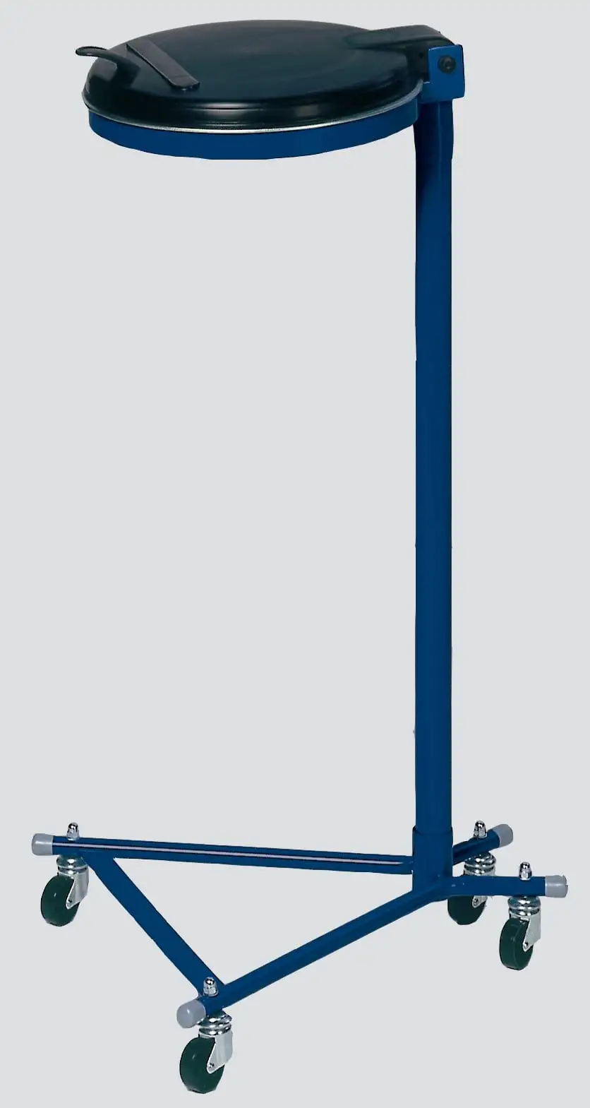 Robuster Einzel-Abfallsammler mit Kunststoff-Deckel | mit 4 Rollen | 35cm Einwurföffnung | HxBxT 100x49x52cm | Stahl | Blau-Schwarz