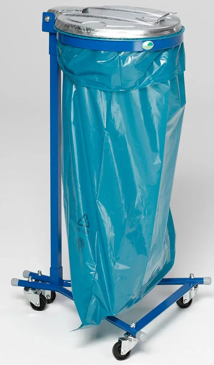 Robuster Einzel-Abfallsammler mit Metall-Deckel | mit 4 Rollen | 35cm Einwurföffnung | HxBxT 100x49x52cm | Stahl | Blau-Verzinkt