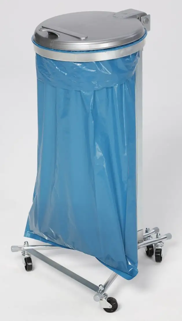 Robuster Einzel-Abfallsammler mit Kunststoff-Deckel | mit 4 Rollen | 35cm Einwurföffnung | HxBxT 100x49x52cm | Stahl | Verzinkt-Silber