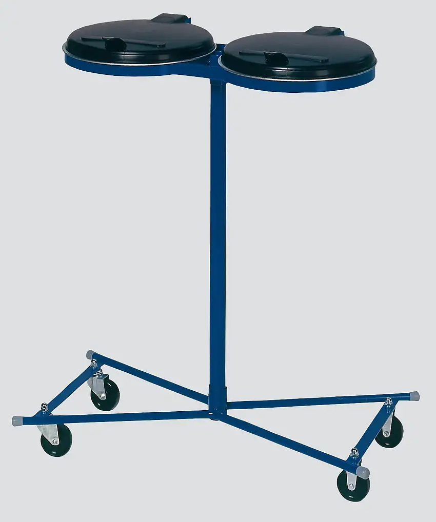 Robuster Doppel-Abfallsammler mit Kunststoff-Deckel | Fahrbar | 2x 120 Liter, HxBxT 102x86x48cm | Stahl | Blau-Schwarz