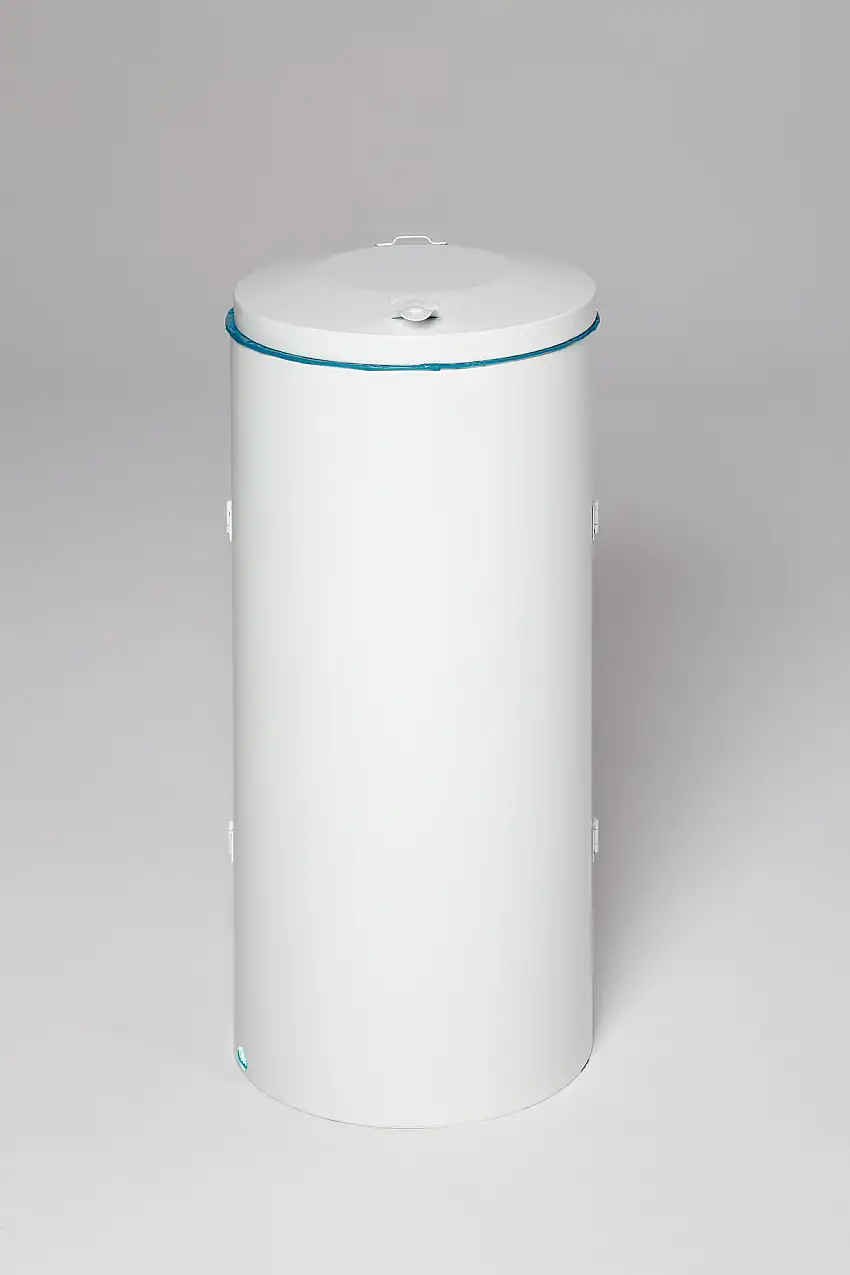 Robuster Abfallsammler mit Deckel & Doppeltür | 150 Liter, HxBxT 98x50x50cm | Stahl | Weiß