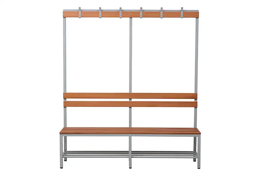 Sitzbank Seal | Freistehend | Rückenlehne | Hakenleiste, Schuhrost | HxBxT 40x200x40 cm | Holz