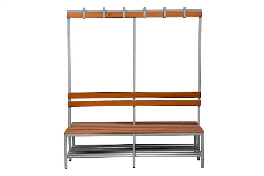 Sitzbank Seal | Freistehend | Grau/Buche | Doppelseitig Rückenlehne und Hakenleiste | Mit Schuhrost | HxBxT 40x160x80 cm | Holz