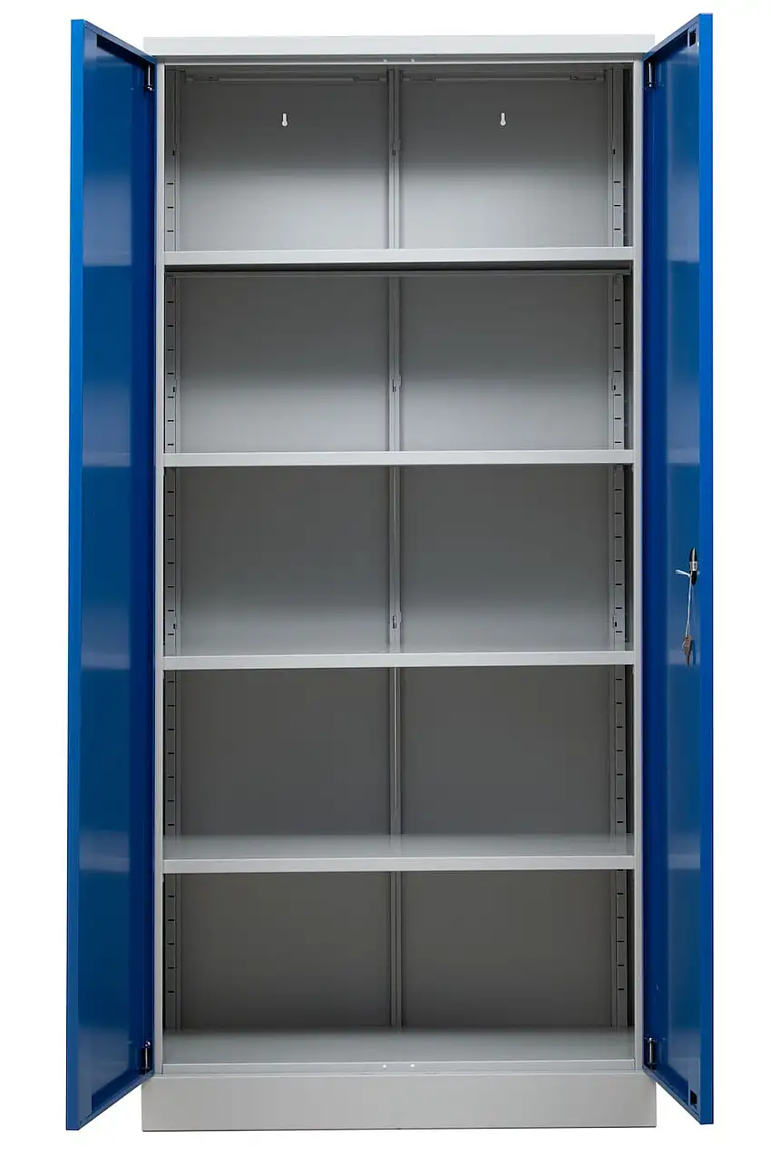 Aktenschrank MOOSE mit abschließbaren Flügeltüren | 4 Fachböden | HxBxT 195x92x42cm | Zerlegte Anlieferung | Lichtgrau-Enzianblau