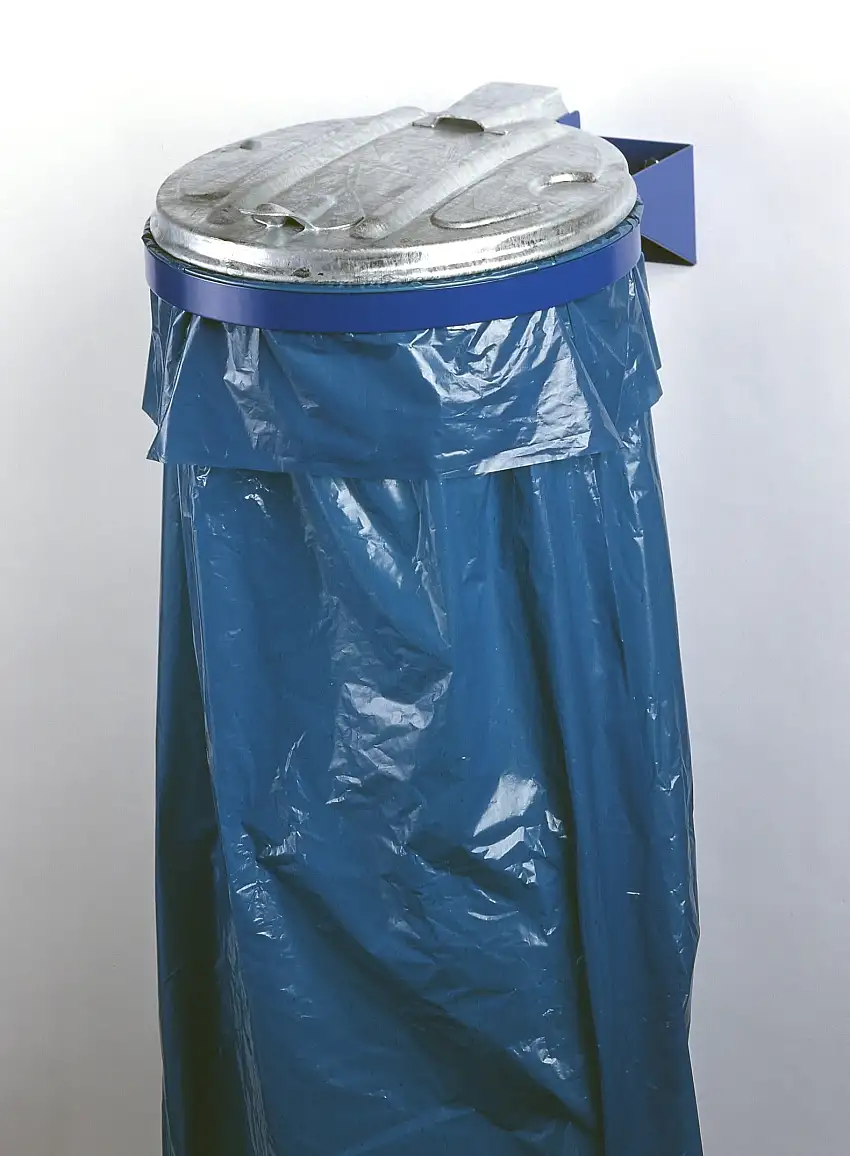 Robuster Einzel-Abfallsammler mit Metall-Deckel | Wandhalterung | 35cm Einwurföffnung | BxT 50x48cm | Stahl | Blau-Verzinkt