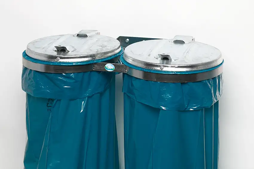 Robuster Doppel-Abfallsammler mit Metall-Deckel | Wandhalterung | 2x 120 Liter, BxT 80x53cm | Stahl | Verzinkt-Verzinkt