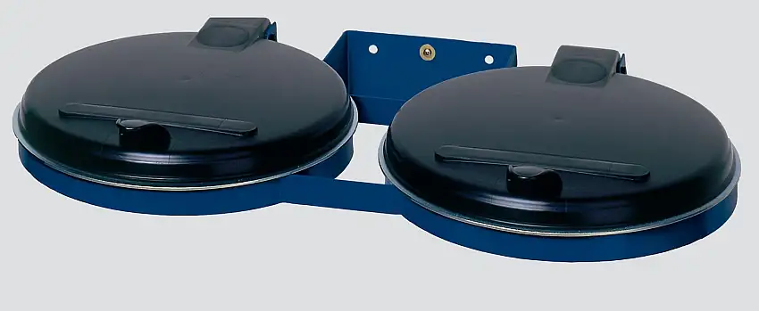 Robuster Doppel-Abfallsammler mit Kunststoff-Deckel | Wandhalterung | 2x 120 Liter, BxT 80x53cm | Stahl | Blau-Schwarz