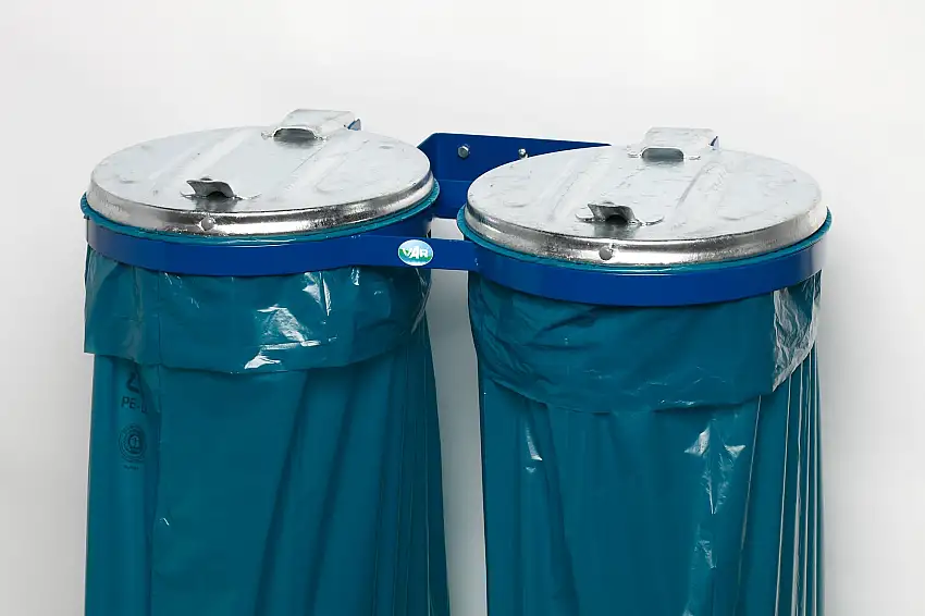 Robuster Doppel-Abfallsammler mit Metall-Deckel | Wandhalterung | 2x 120 Liter, BxT 80x53cm | Stahl | Blau-Verzinkt