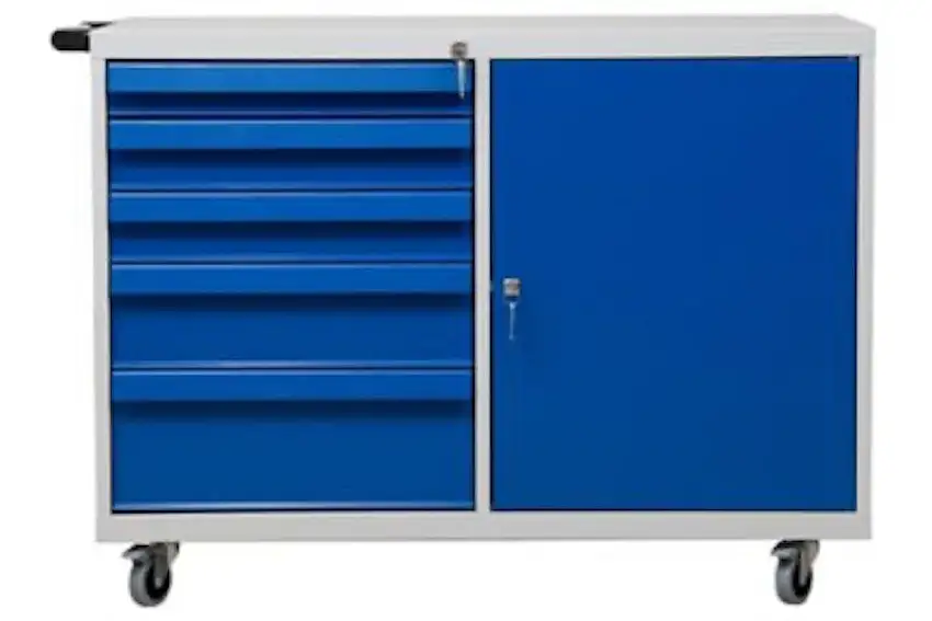 Werkstatt-Wagen Grizzly | 5 Schubladen + Flügeltüre | HxBxT 84x109x60 cm | Grau-Blau