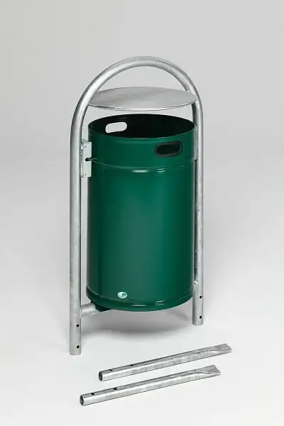 Robuster Rohrbogenständer für Abfälle | mit Dach | zum Einbetonieren | 60 Liter, HxBxT 145x60x40cm | Verzinkter Stahl | Grün