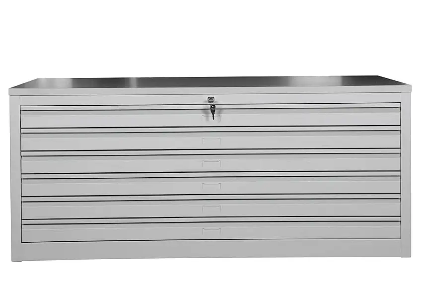 Flachablagenschrank Chinchilla | 6 Schubladen | Schwanenhalsgriff | HxBxT 62x140x95 cm | Holzabdeckplatte | Grau