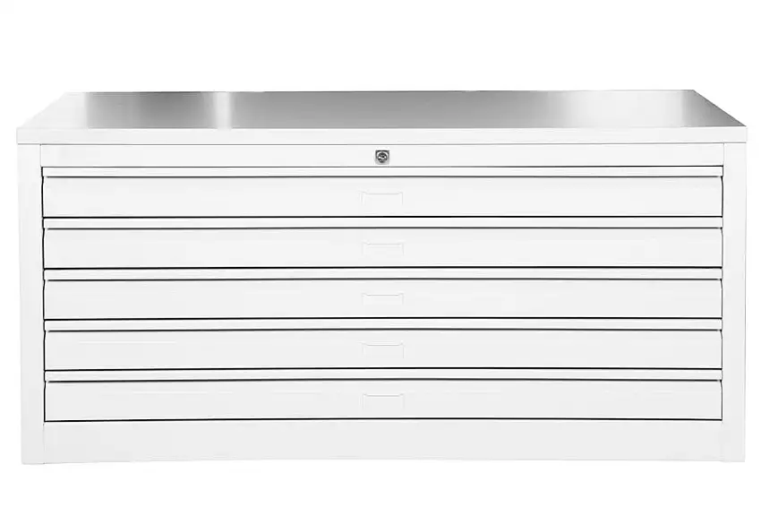 Flachablagenschrank Chinchilla | 5 Schubladen | Schwanenhalsgriff | HxBxT 53x113x83 cm | Holzabdeckplatte | Grau