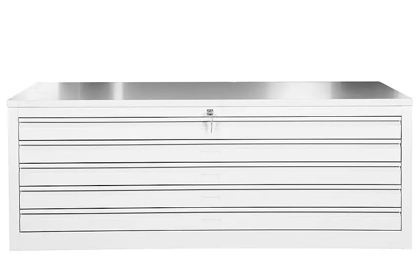 Flachablagenschrank Chinchilla | 5 Schubladen | Schwanenhalsgriff | HxBxT 53x140x95 cm | Holzabdeckplatte | Grau