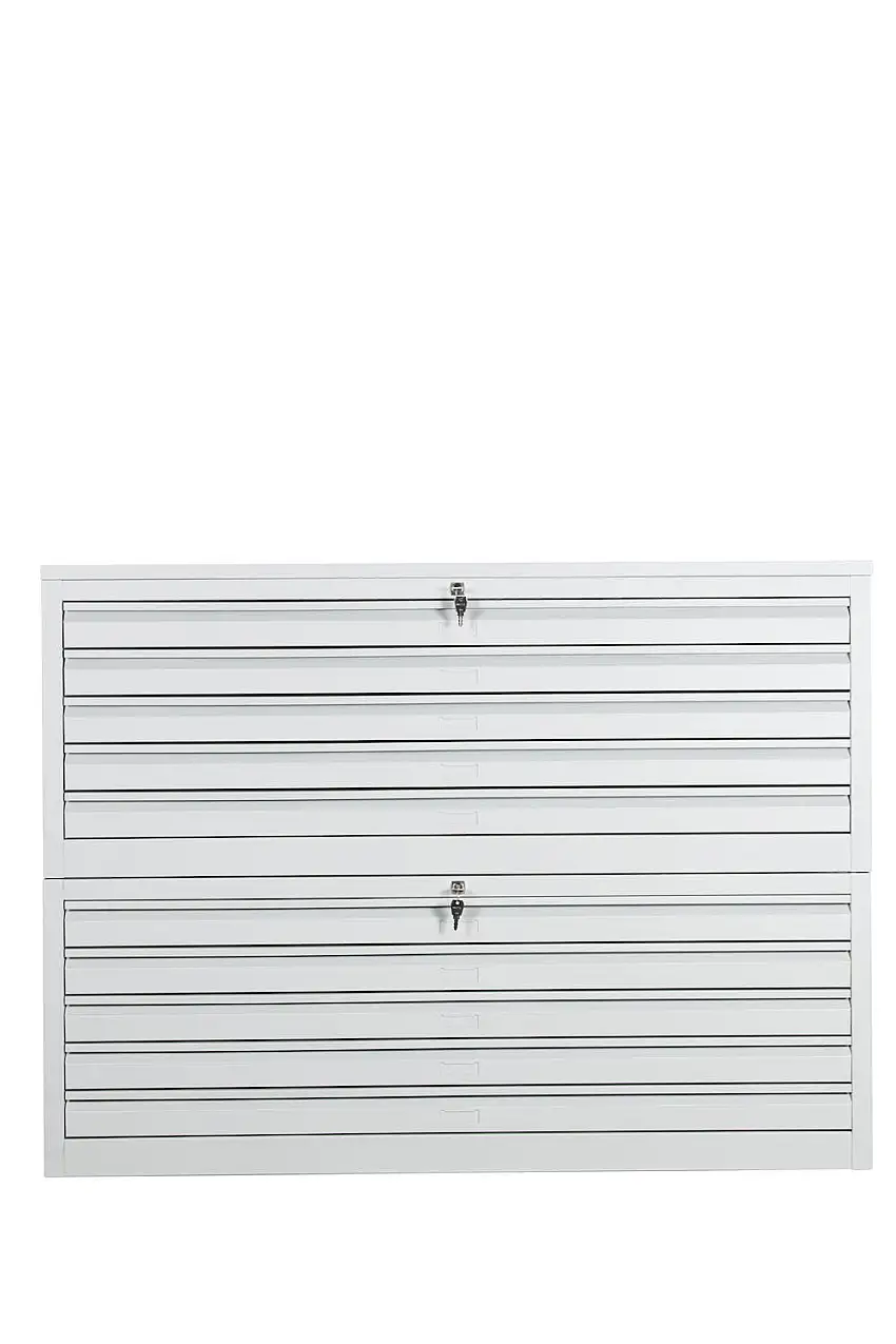 Flachablagenschrank Chinchilla | 10 Schubladen | Schwanenhalsgriff | HxBxT 105x140x95 cm | Metallabdeckplatte | Grau