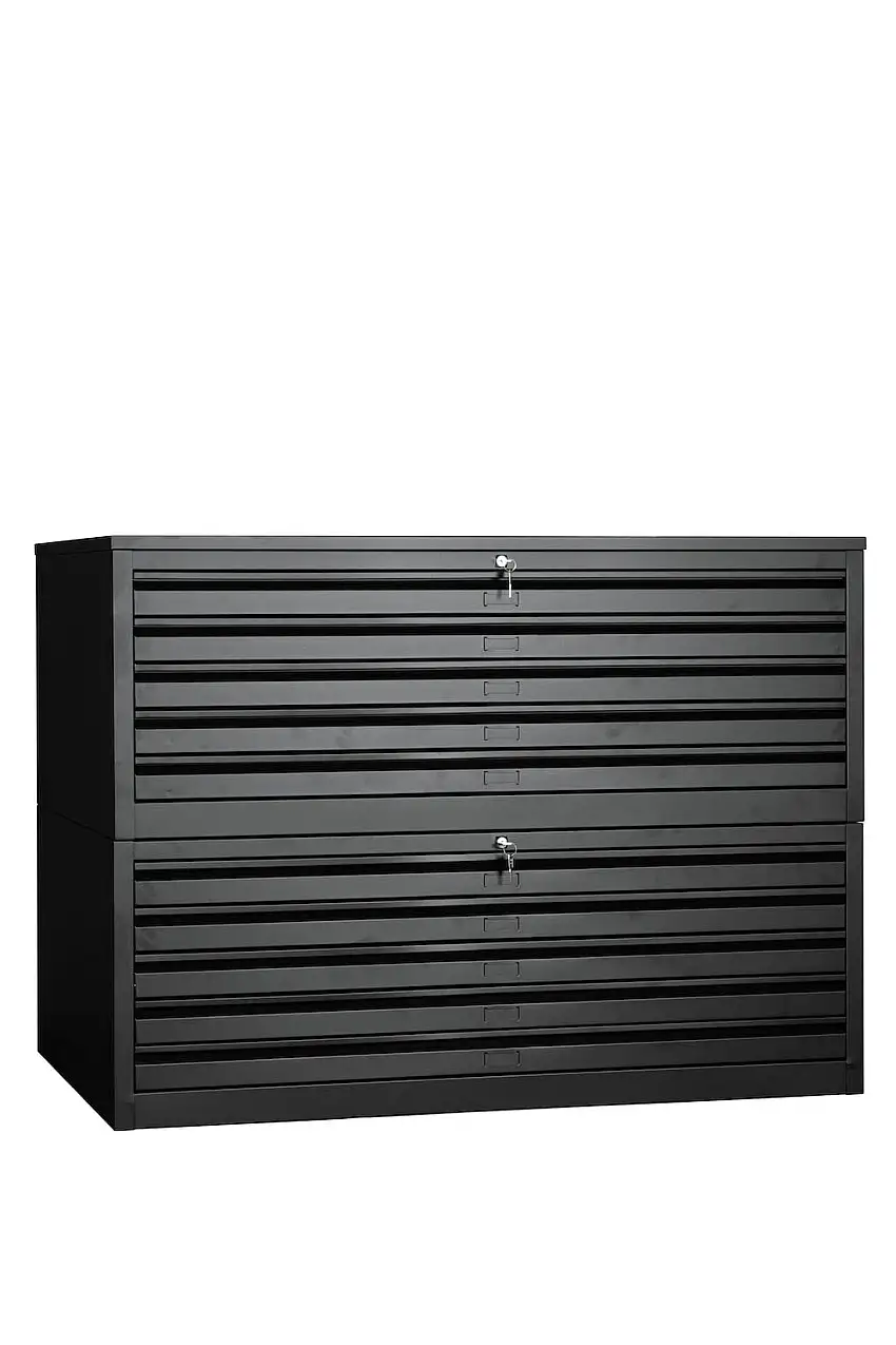 Flachablagenschrank Chinchilla | 10 Schubladen | Schwanenhalsgriff | HxBxT 105x140x95 cm | Metallabdeckplatte | Schwarz