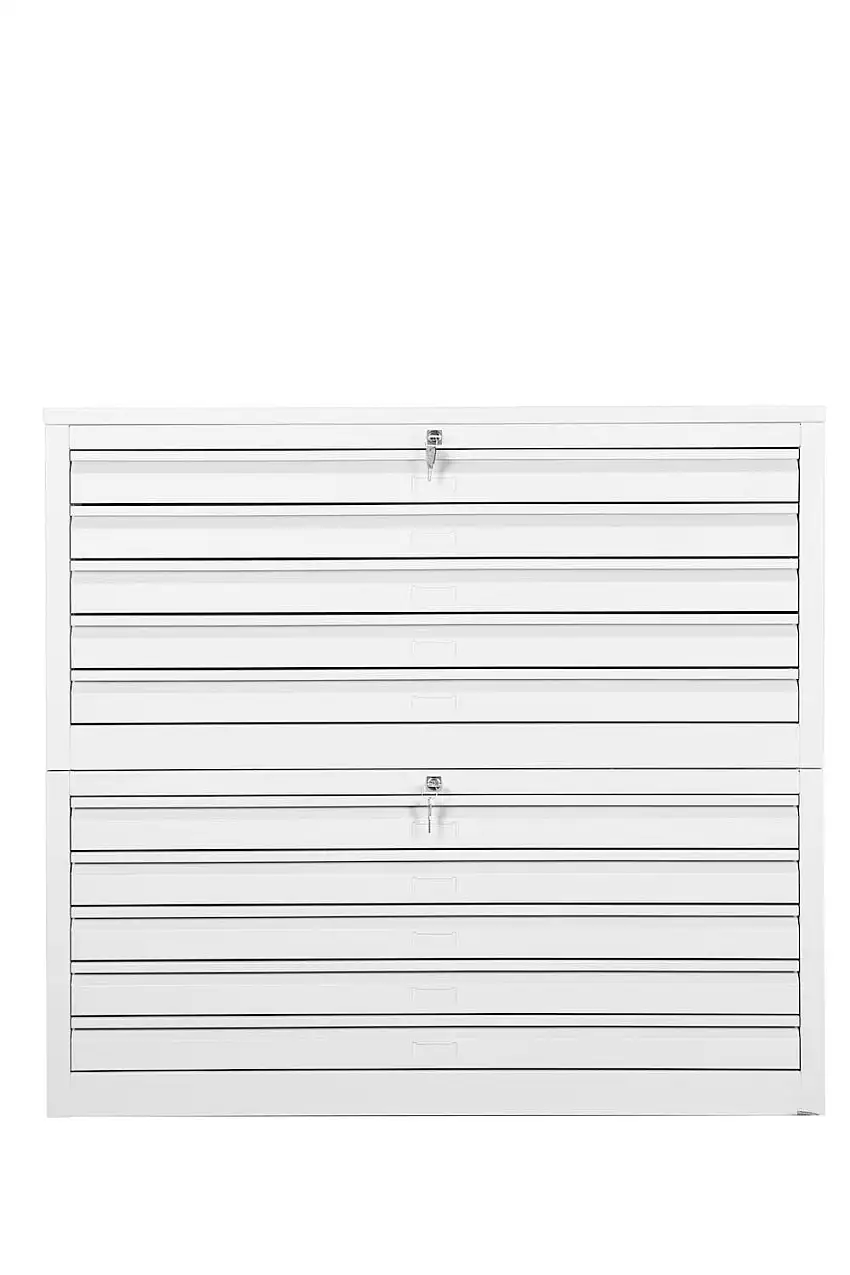 Flachablagenschrank Chinchilla | 10 Schubladen | Schwanenhalsgriff | HxBxT 105x113x83 cm | Metallabdeckplatte | Grau
