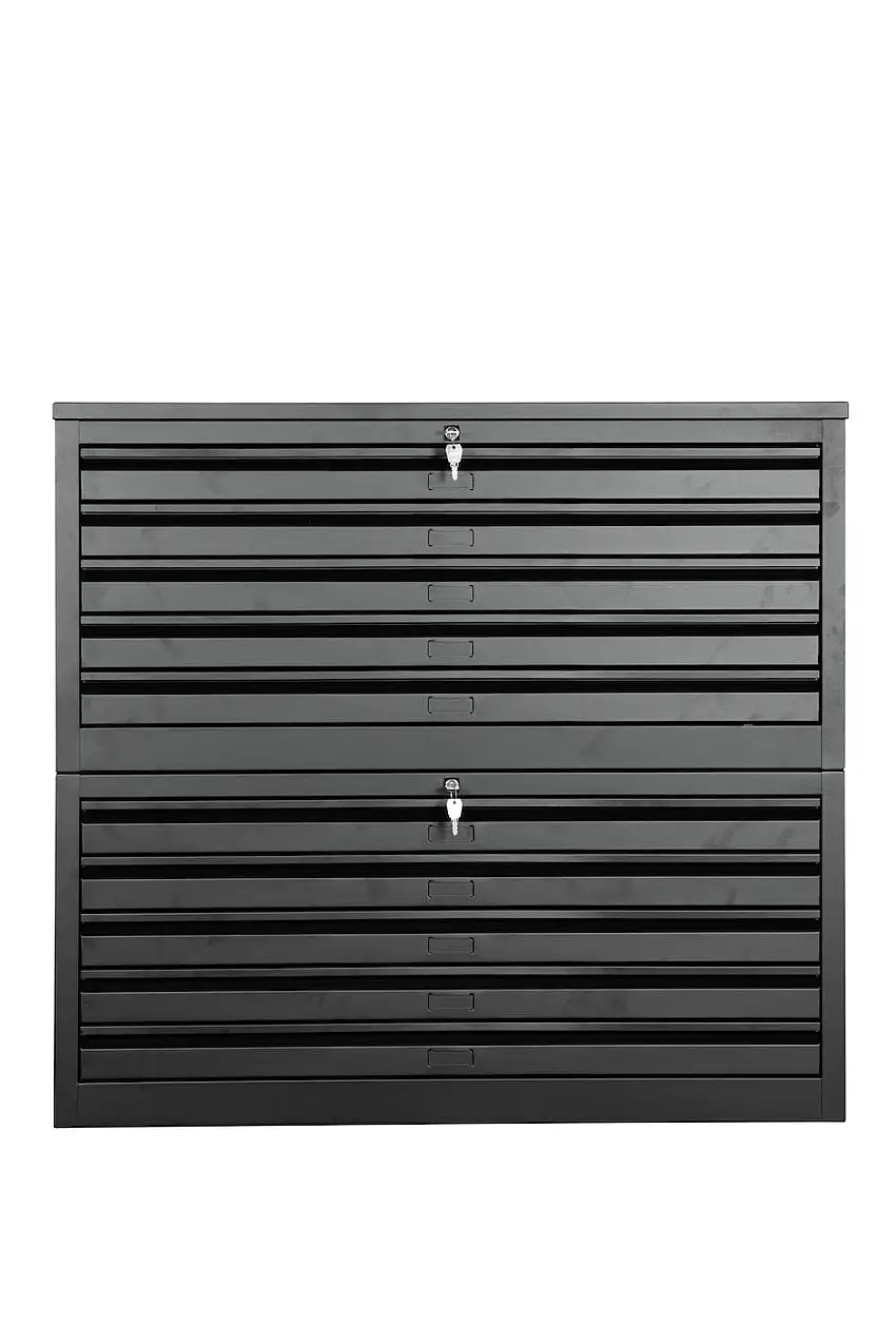 Flachablagenschrank Chinchilla | 10 Schubladen | Schwanenhalsgriff | HxBxT 105x113x83 cm | Metallabdeckplatte | Schwarz
