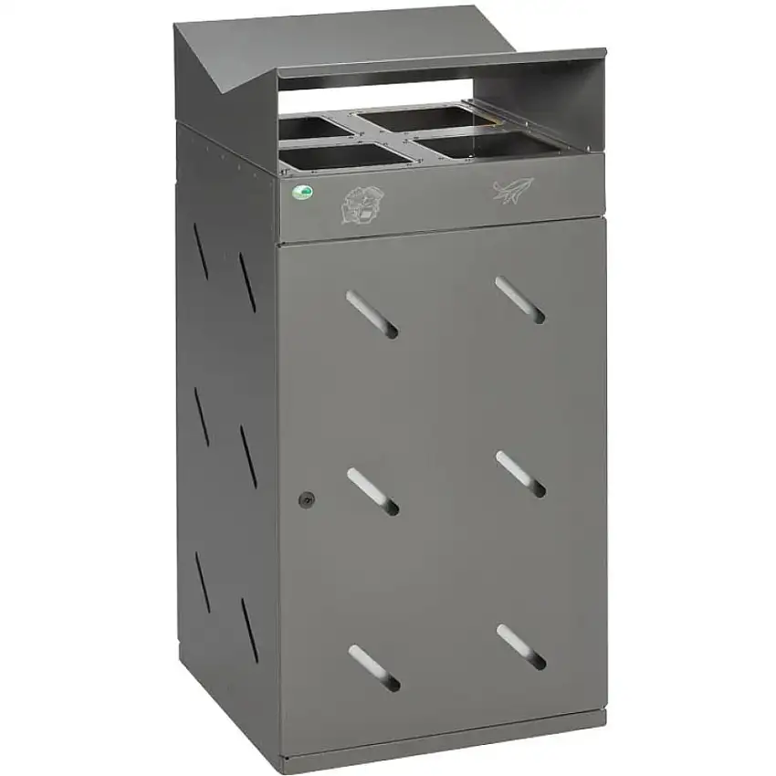 Robuste Wertstoffsammlstation 4-Fach-Einwurf | 200 Liter, HxBxT 118,5x58x58cm | Verzinkter Stahl | Eisenglimmer