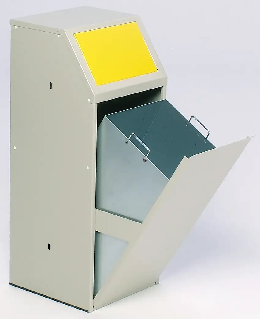 Robuster Wertstoffsammler mit Einwurfklappe | für Wertstoffe | Stationär | 69 Liter, HxBxT 103x45,5x45,5cm | Verzinkter Stahl | Gelb