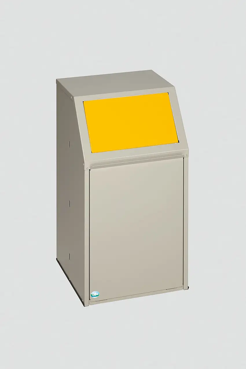 Robuster Wertstoffsammler mit Einwurfklappe | für Wertstoffe | Stationär | 39 Liter, HxBxT 78,5x45,5x45,5cm | Verzinkter Stahl | Gelb