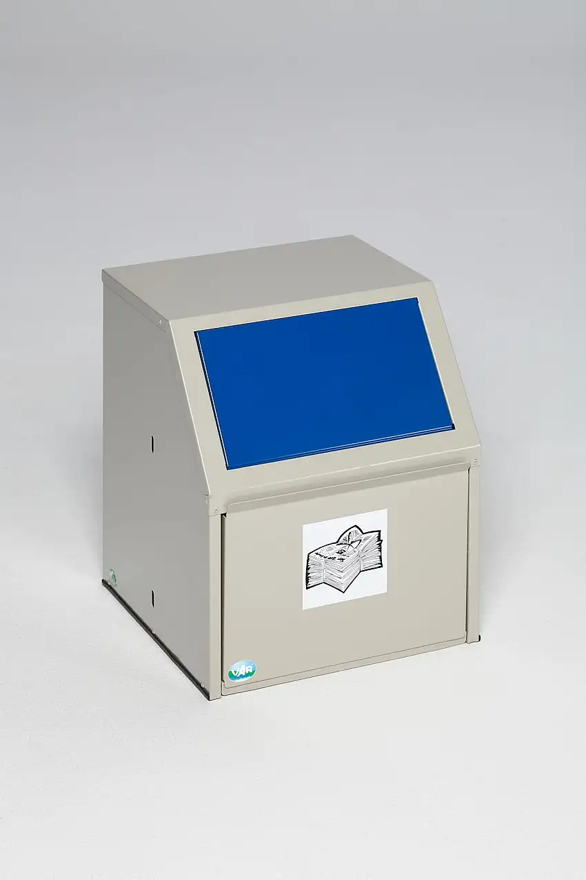 Robuster Wertstoffsammler mit Einwurfklappe | für Papier | Stationär | 23 Liter, HxBxT 57x41,5x41,5cm | Verzinkter Stahl | Blau