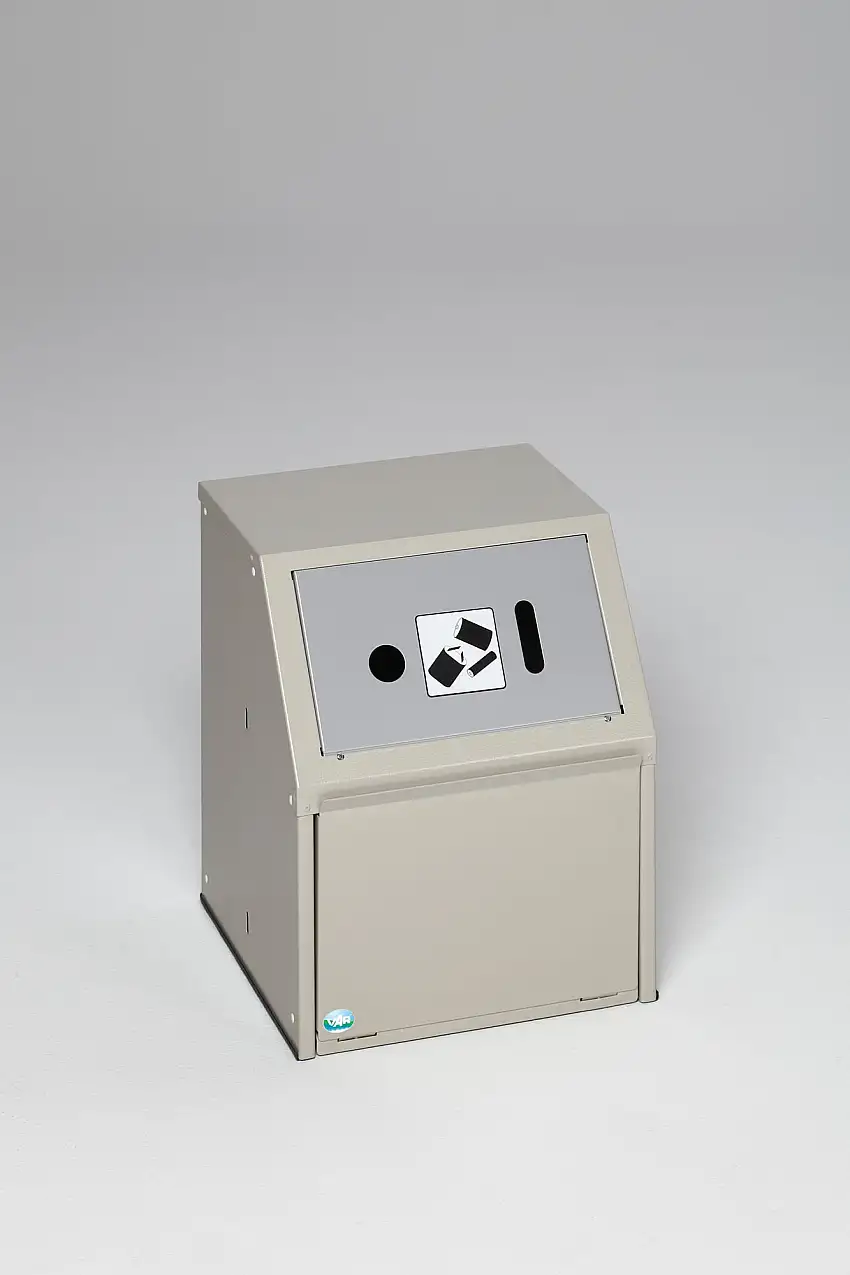 Robuster Wertstoffsammler mit Einwurfklappe | für Batterien | Stationär | 11 Liter, HxBxT 50x40x40cm | Verzinkter Stahl | Grau