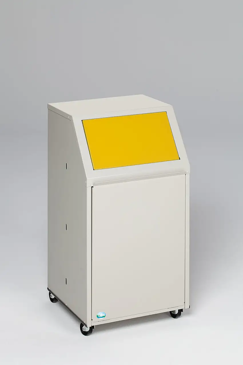 Robuster Wertstoffsammler mit Einwurfklappe | für Wertstoffe | Fahrbar | 39 Liter, HxBxT 80x45,5x45,5cm | Verzinkter Stahl | Gelb