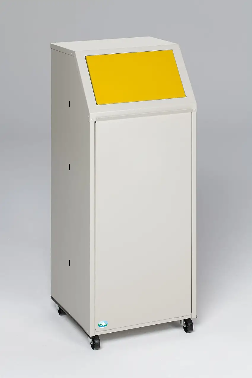 Robuster Wertstoffsammler mit Einwurfklappe | für Wertstoffe | Fahrbar | 69 Liter, HxBxT 105x45,5x45,5cm | Verzinkter Stahl | Gelb