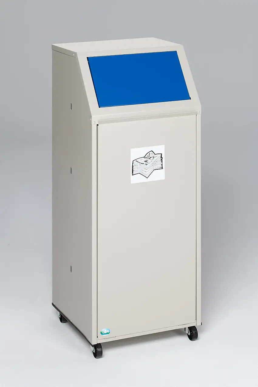 Robuster Wertstoffsammler mit Einwurfklappe | für Papier | Fahrbar | 69 Liter, HxBxT 105x45,5x45,5cm | Verzinkter Stahl | Blau