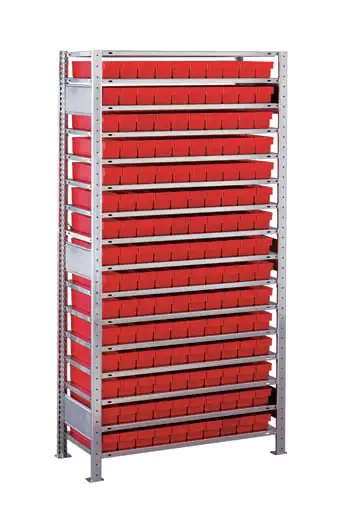 Schulte Kleinteileregal-Set 1 MULTIplus150 | Grundregal | HxBxT 200x100x30cm | 16 Fachböden | Fachlast 150kg | inkl.150 Kästen 8x9x30cm Rot | Verzinkt