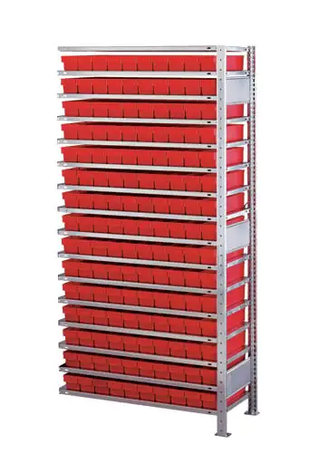 Schulte Kleinteileregal-Set 1 MULTIplus150 | Anbauregal | HxBxT 200x100x50cm | 16 Fachböden | Fachlast 150kg | inkl.150 Kästen 8x9x50cm Rot | Verzinkt