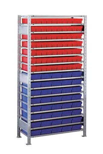 Schulte Kleinteileregal-Set 2 MULTIplus150 | Grundregal | HxBxT 200x100x50cm | 16 Fachböden | Fachlast 150kg | inkl.70 Kästen 8x9x50cm Rot & 40 8x19x50cm Blau | Verzinkt