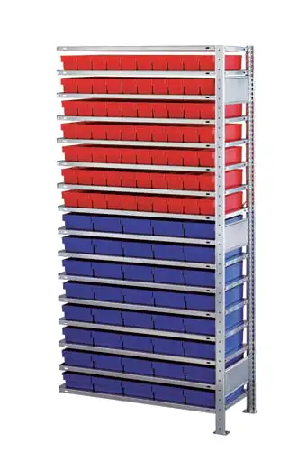 Schulte Kleinteileregal-Set 2 MULTIplus150 | Anbauregal | HxBxT 200x100x40cm | 16 Fachböden | Fachlast 150kg | inkl.70 Kästen 8x9x40cm Rot & 40 8x19x40cm Blau | Verzinkt