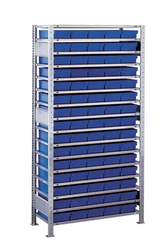 Schulte Kleinteileregal-Set 3 MULTIplus150 | Grundregal | HxBxT 200x100x50cm | 16 Fachböden | Fachlast 150kg | inkl.75 Kästen 8x19x50cm Blau | Verzinkt