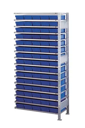 Schulte Kleinteileregal-Set 3 MULTIplus150 | Anbauregal | HxBxT 200x100x40cm | 16 Fachböden | Fachlast 150kg | inkl.75 Kästen 8x19x40cm Blau | Verzinkt