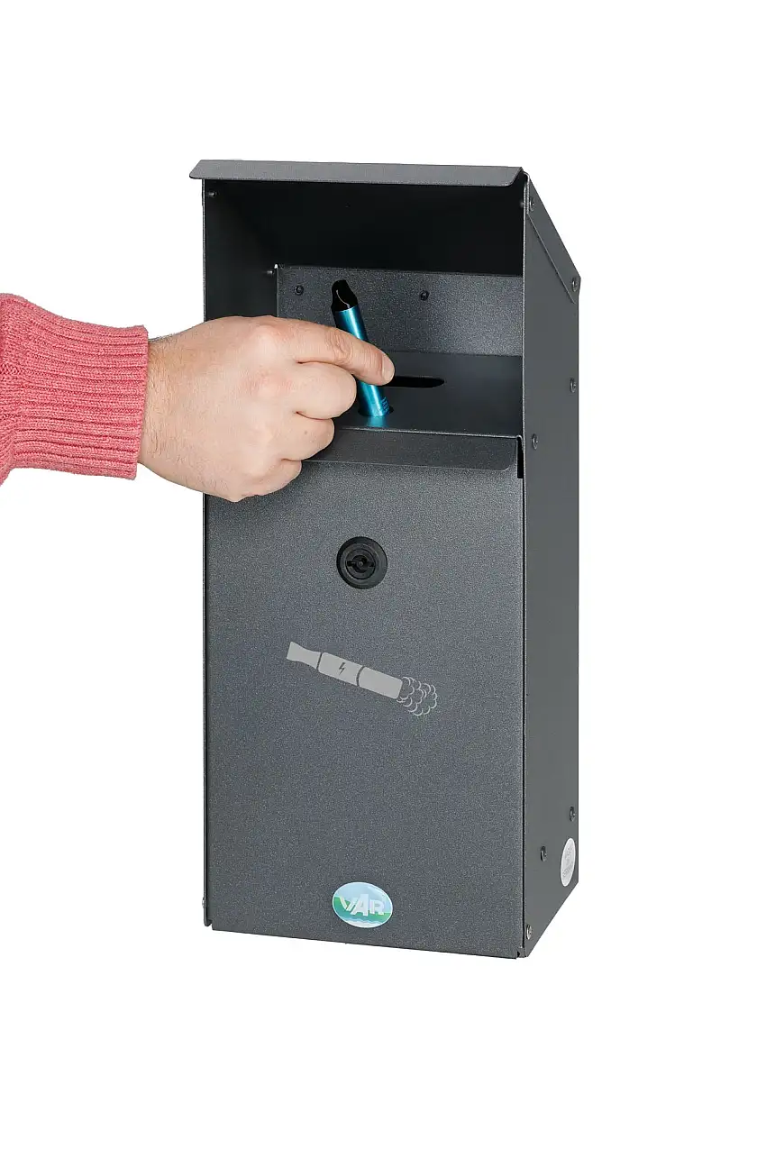 Großvolumiger E-Zigarettensammler mit Schutzdach | 3,7 Liter, HxBxT 42,3x18x13cm | Verzinkter Stahl | Grau