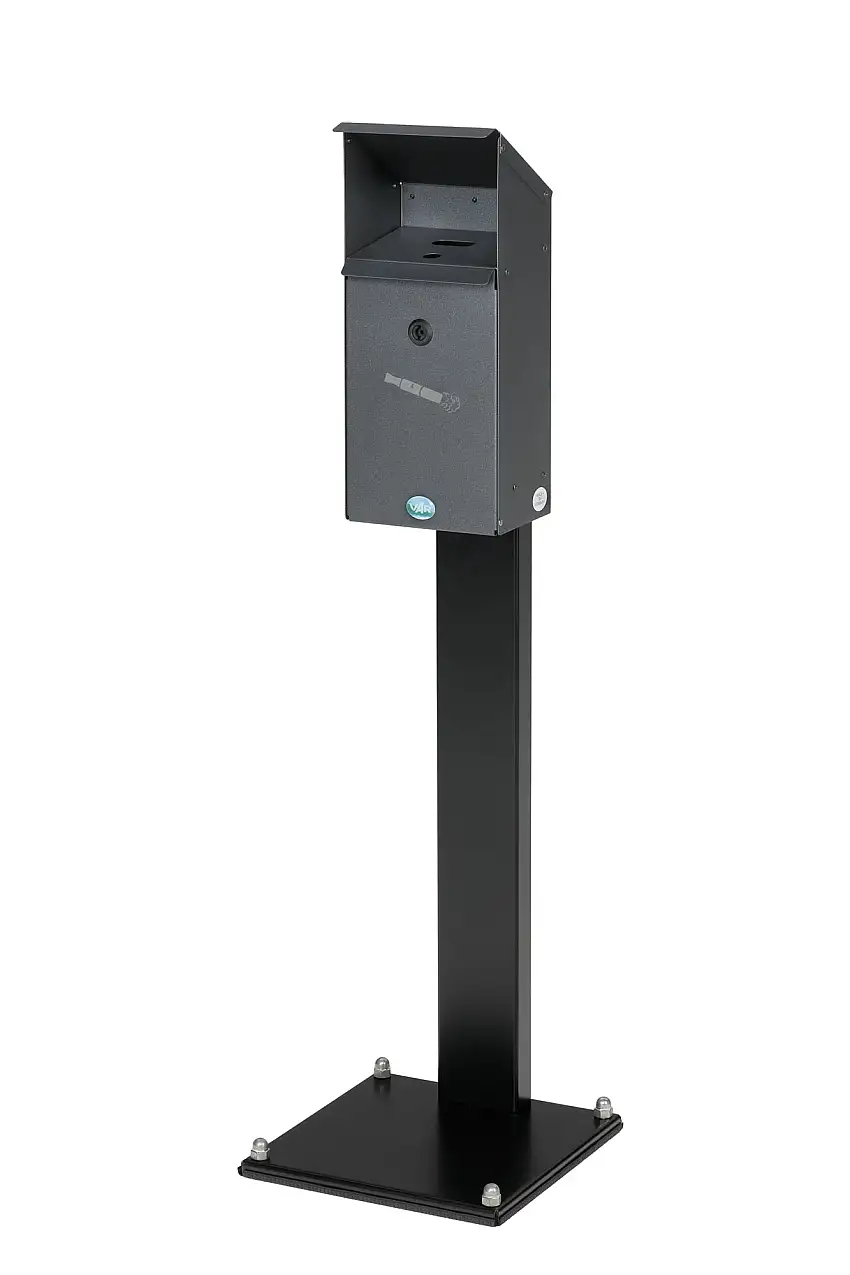 Großvolumiger E-Zigarettensammler mit Schutzdach + Standfuß | 3,7 Liter, HxBxT 113,5,3x31x31cm | Verzinkter Stahl | Grau