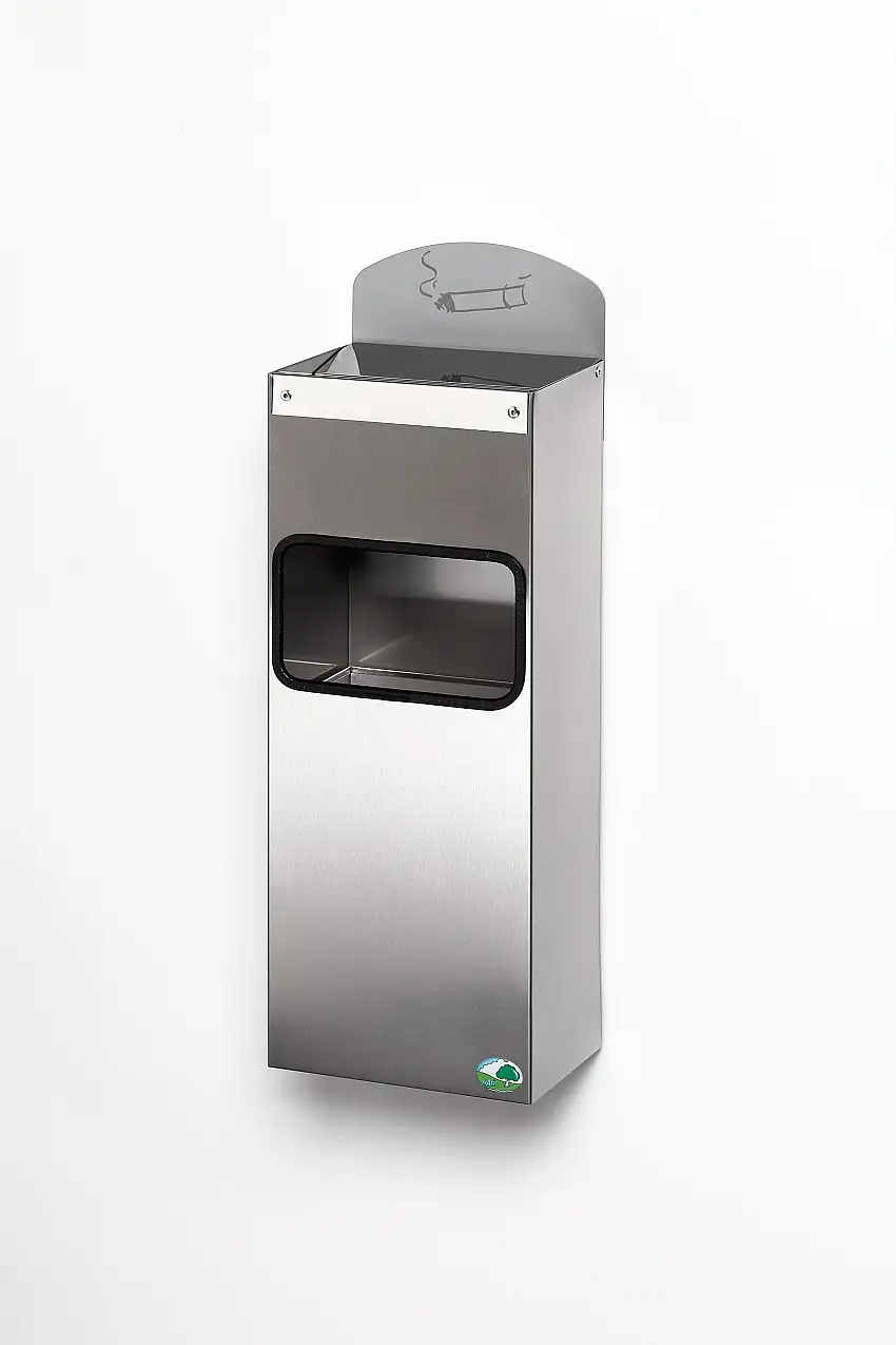 Robuster Wandascher mit Abfallsammler & Hinweisschild | 4 Liter, HxBxT 58x20x12,5cm | Edelstahl